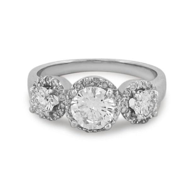 1.50ctw Round Brilliant 3-Stone with Halos Natural Diamond Engagement Ring in 14k White Gold
