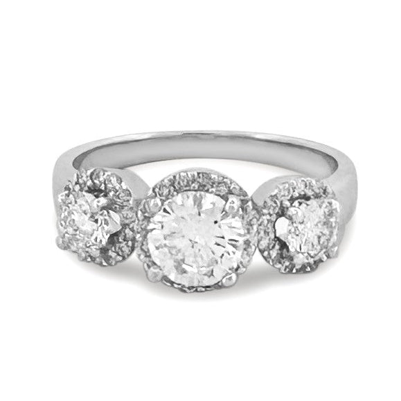 1.50ctw Round Brilliant 3-Stone with Halos Natural Diamond Engagement Ring in 14k White Gold