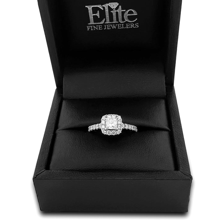 0.72ctw Princess Cut & Round Brilliant Halo Natural Diamond Engagement Ring in 14k White Gold