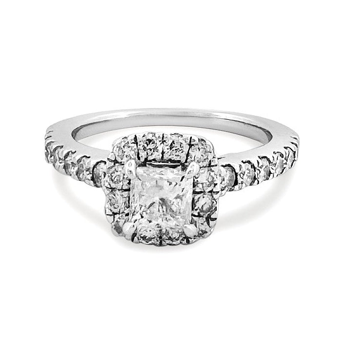 0.72ctw Princess Cut & Round Brilliant Halo Natural Diamond Engagement Ring in 14k White Gold
