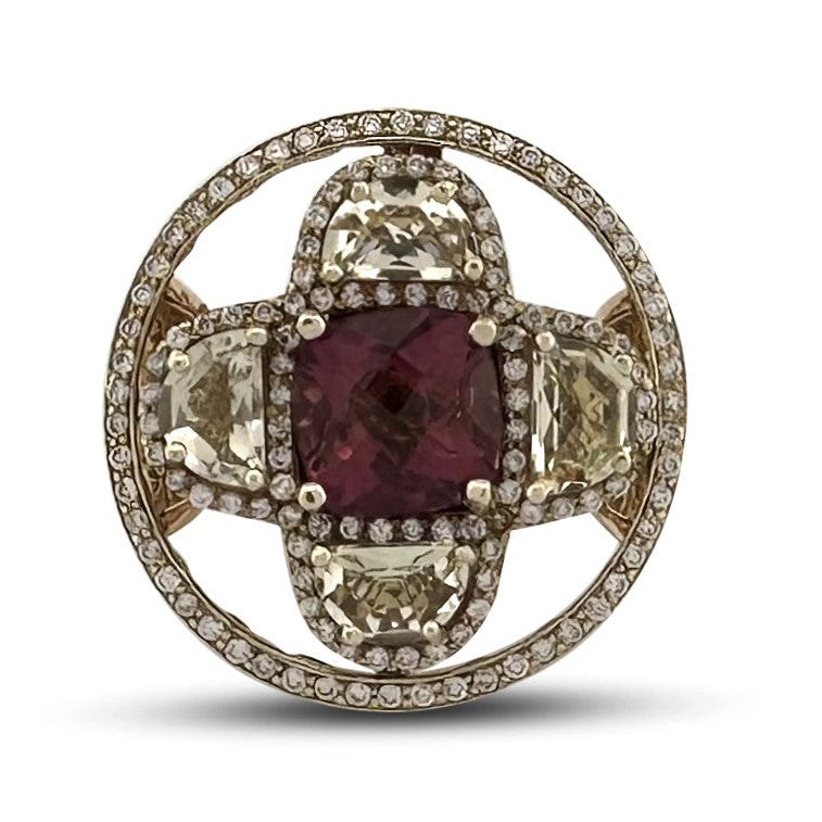 Pink & Yellow Tourmaline with Natural Diamond Cocktail Ring in 14k Yellow Gold