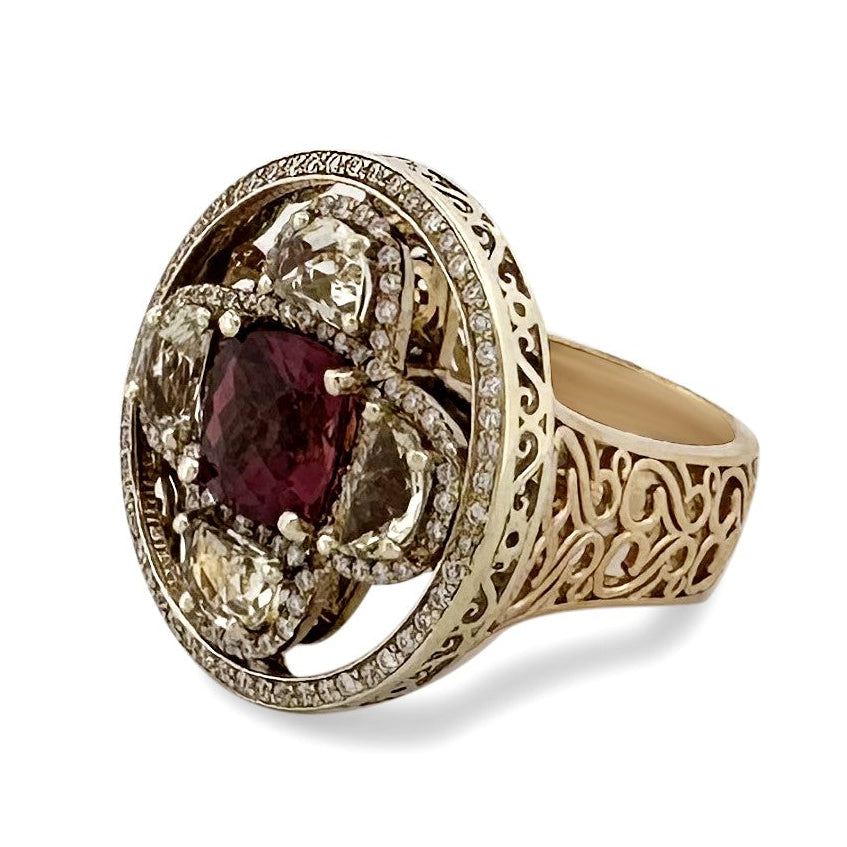 Pink & Yellow Tourmaline with Natural Diamond Cocktail Ring in 14k Yellow Gold