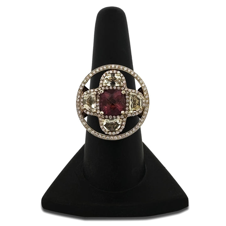 Pink & Yellow Tourmaline with Natural Diamond Cocktail Ring in 14k Yellow Gold