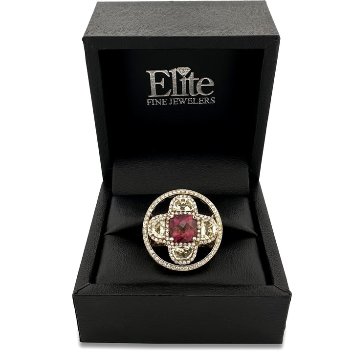 Pink & Yellow Tourmaline with Natural Diamond Cocktail Ring in 14k Yellow Gold