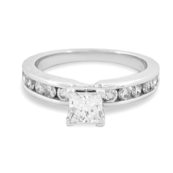 GIA Graded 0.60ct Princess Cut with Round Brilliants Natural Diamond Engagement Ring in 14k White Gold