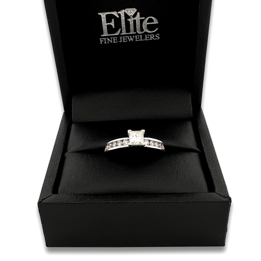 GIA Graded 0.60ct Princess Cut with Round Brilliants Natural Diamond Engagement Ring in 14k White Gold