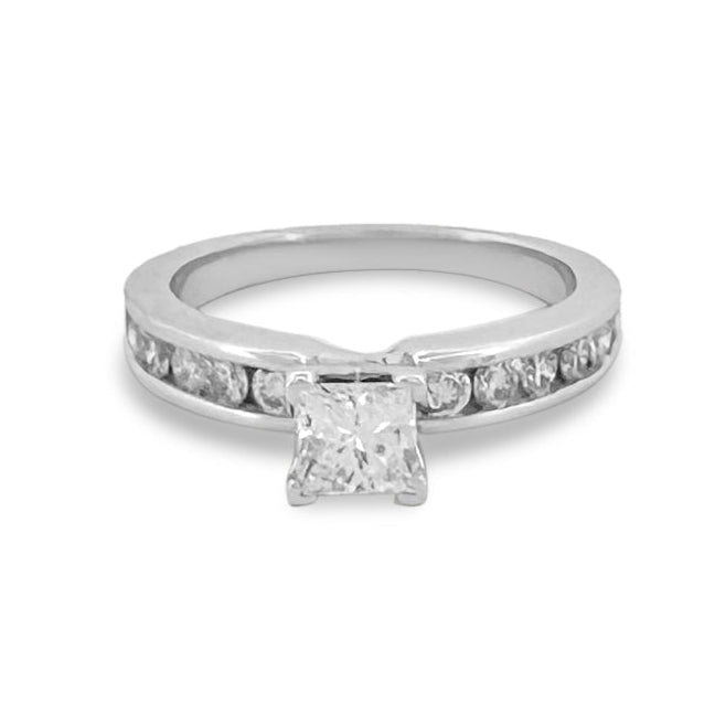 GIA Graded 0.60ct Princess Cut with Round Brilliants Natural Diamond Engagement Ring in 14k White Gold