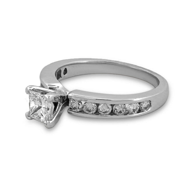 GIA Graded 0.60ct Princess Cut with Round Brilliants Natural Diamond Engagement Ring in 14k White Gold