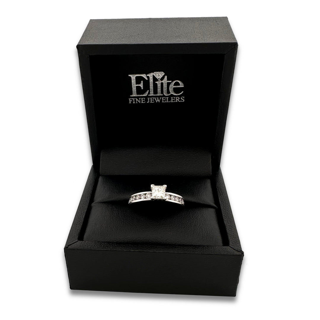 GIA Graded 0.60ct Princess Cut with Round Brilliants Natural Diamond Engagement Ring in 14k White Gold