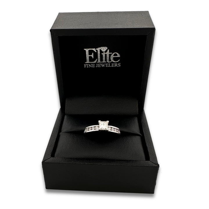 GIA Graded 0.60ct Princess Cut with Round Brilliants Natural Diamond Engagement Ring in 14k White Gold