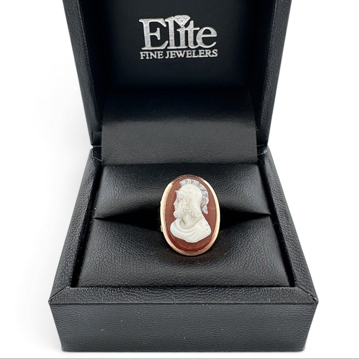 Vintage Carved Sardonyx Hardstone Roman Soldier Cameo Ring in 14k Yellow Gold