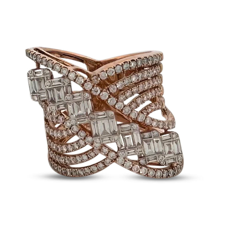 2ctw Round & Baguette Natural Diamond Cocktail Ring in 18k Rose Gold