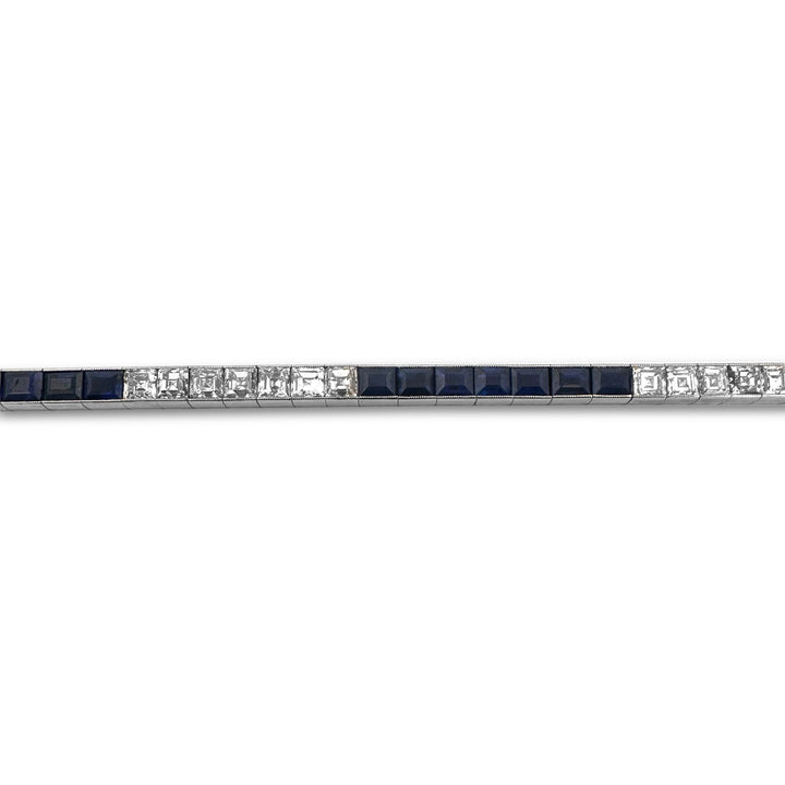 Art Deco Carré Cut Sapphire and Diamond Line Bracelet in Platinum