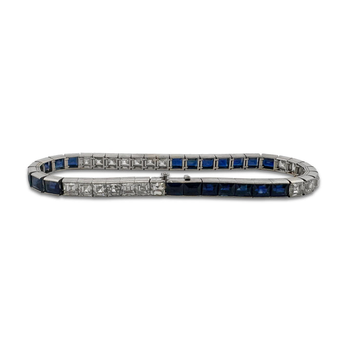 Art Deco Carré Cut Sapphire and Diamond Line Bracelet in Platinum