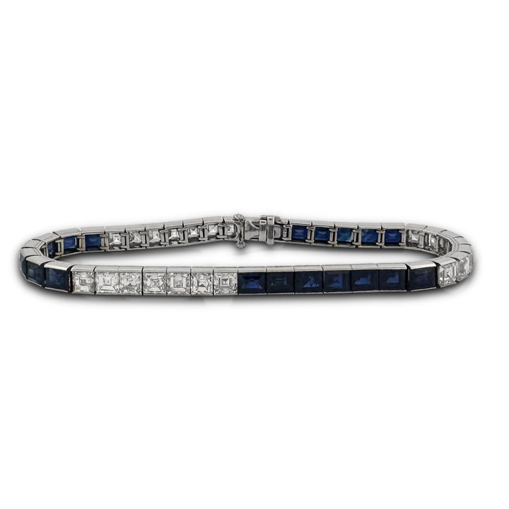 Art Deco Carré Cut Sapphire and Diamond Line Bracelet in Platinum