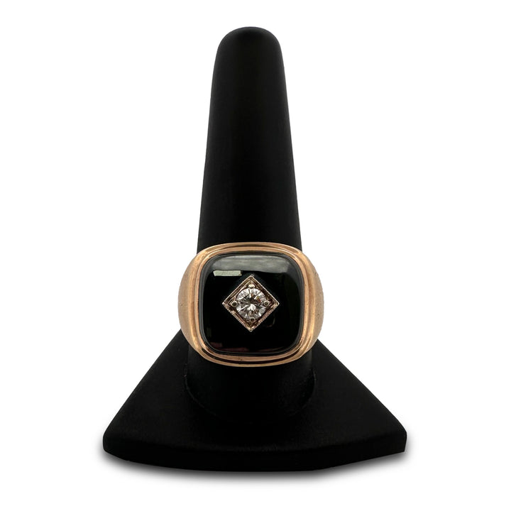 0.30ct Round Brilliant Natural Diamond and Hematite Tablet Men's Ring in 10k Yellow Gold