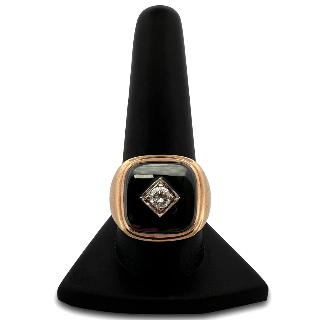 0.30ct Round Brilliant Natural Diamond and Hematite Tablet Men's Ring in 10k Yellow Gold