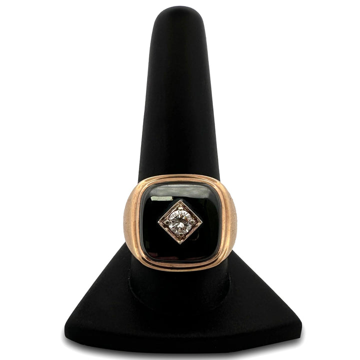 0.30ct Round Brilliant Natural Diamond and Hematite Tablet Men's Ring in 10k Yellow Gold