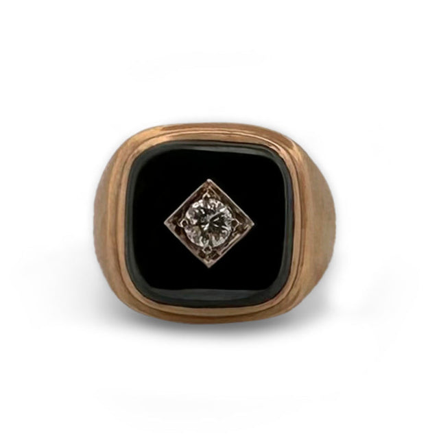 0.30ct Round Brilliant Natural Diamond and Hematite Tablet Men's Ring in 10k Yellow Gold
