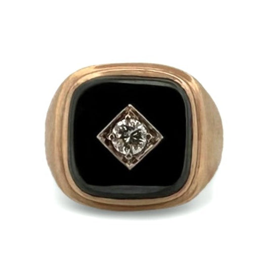 0.30ct Round Brilliant Natural Diamond and Hematite Tablet Men's Ring in 10k Yellow Gold