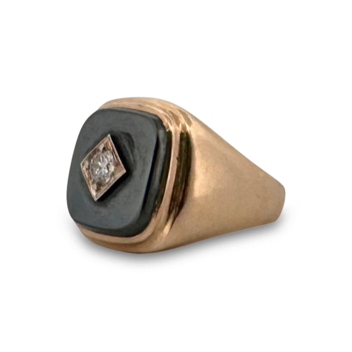 0.30ct Round Brilliant Natural Diamond and Hematite Tablet Men's Ring in 10k Yellow Gold
