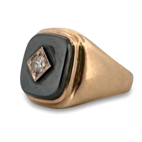 0.30ct Round Brilliant Natural Diamond and Hematite Tablet Men's Ring in 10k Yellow Gold