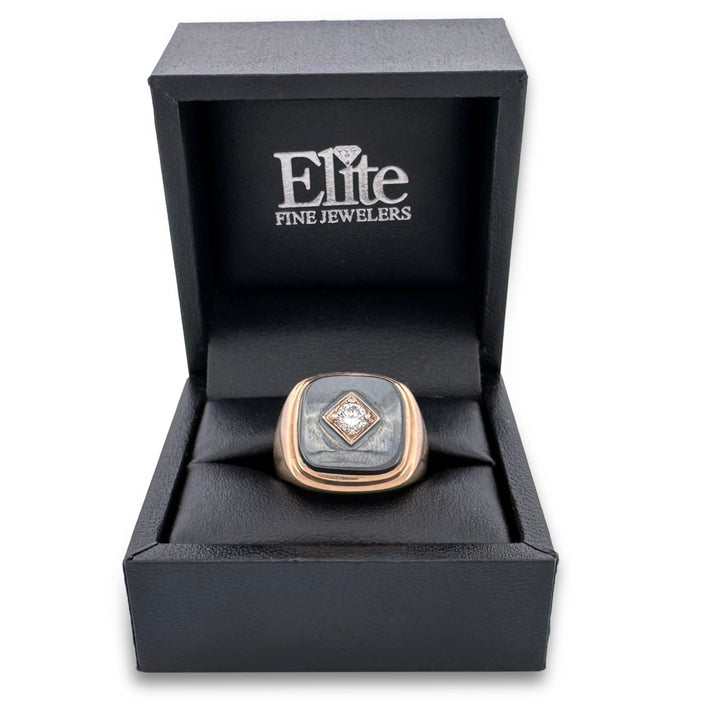 0.30ct Round Brilliant Natural Diamond and Hematite Tablet Men's Ring in 10k Yellow Gold