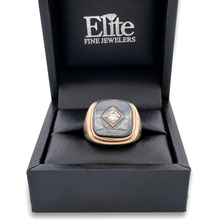 0.30ct Round Brilliant Natural Diamond and Hematite Tablet Men's Ring in 10k Yellow Gold
