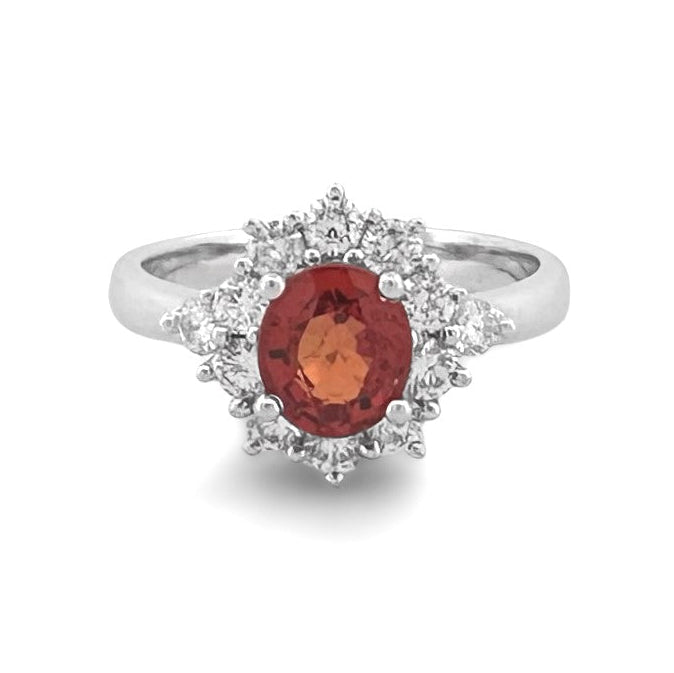 Oval Orange Sapphire & Round Brilliant Diamond Cocktail Ring in 18k White Gold