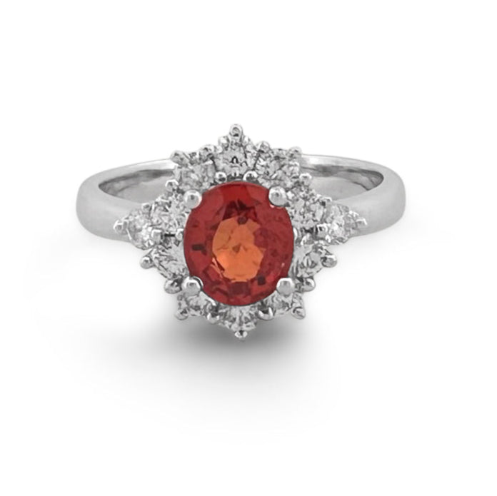Oval Orange Sapphire & Round Brilliant Diamond Cocktail Ring in 18k White Gold