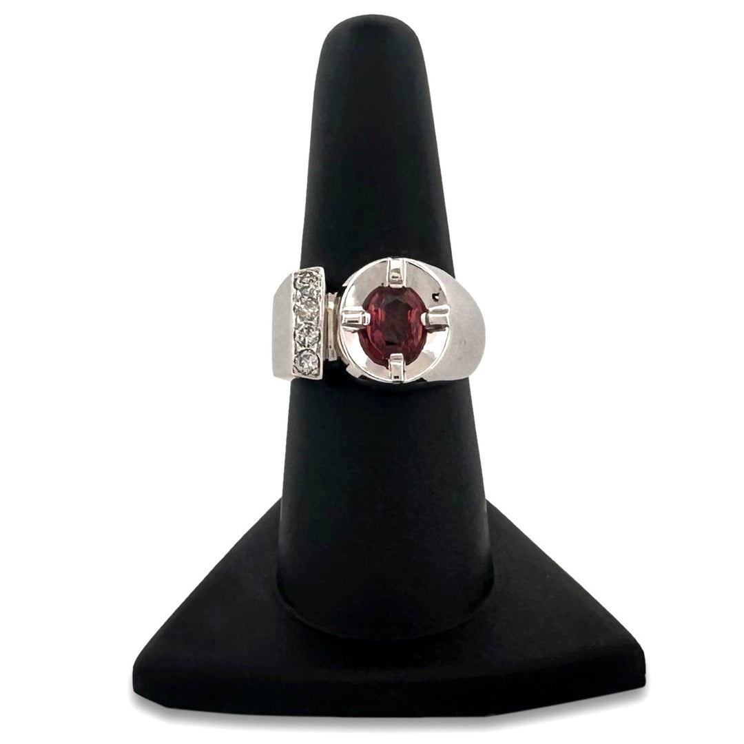 Oval Ruby and Diamond Men's Pinky Ring in 14k White Gold