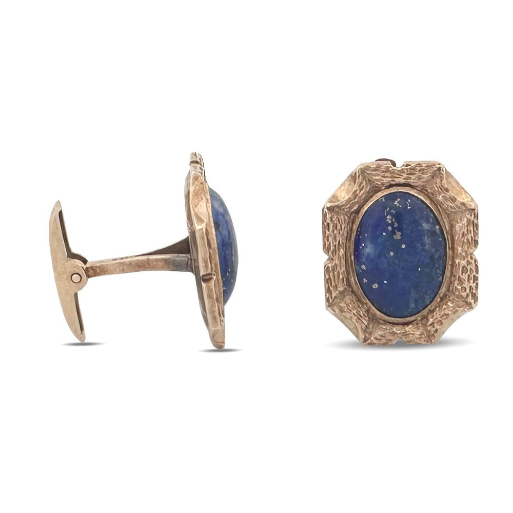 Vintage Oval Lapis Lazuli Textured Cufflinks in 14k Yellow Gold