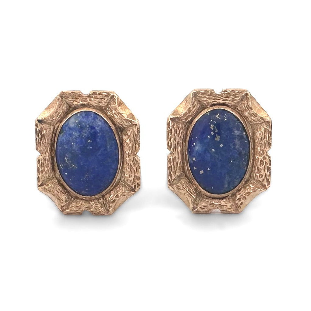 Vintage Oval Lapis Lazuli Textured Cufflinks in 14k Yellow Gold