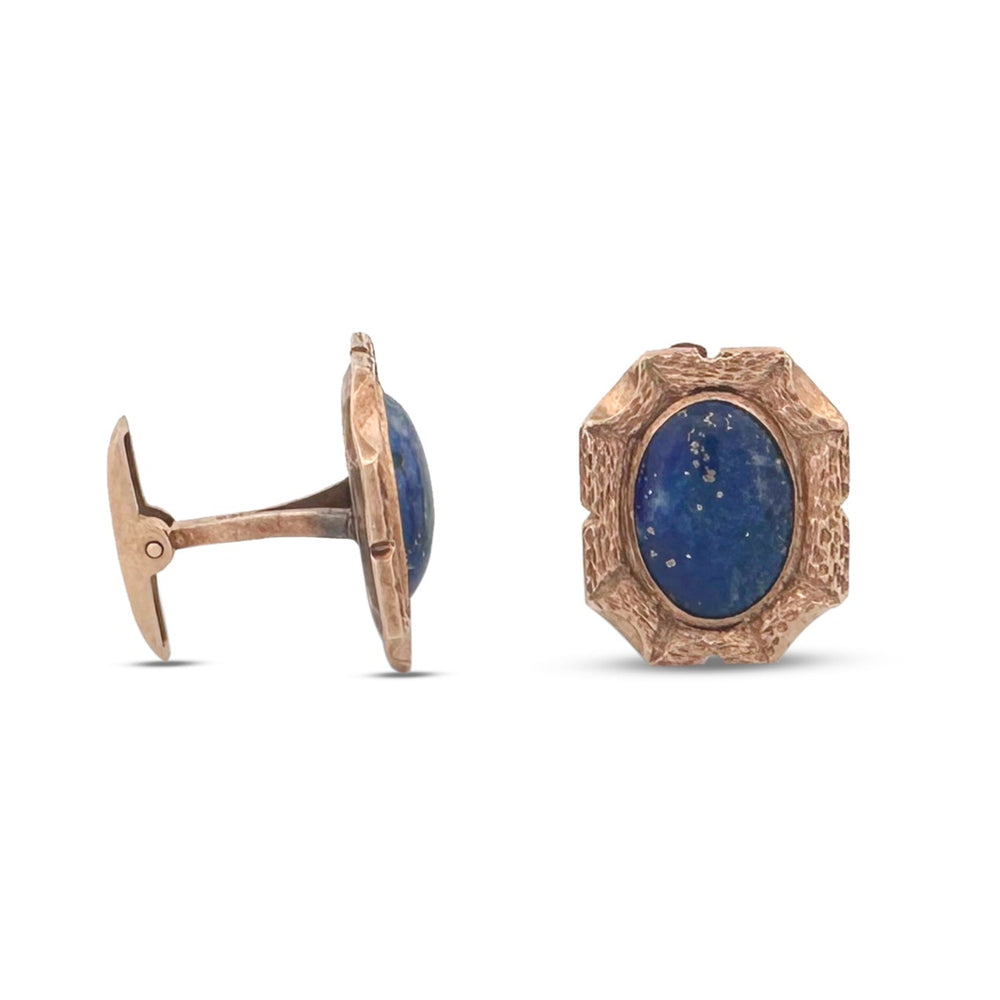Vintage Oval Lapis Lazuli Textured Cufflinks in 14k Yellow Gold