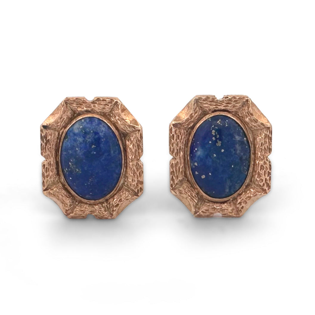 Vintage Oval Lapis Lazuli Textured Cufflinks in 14k Yellow Gold
