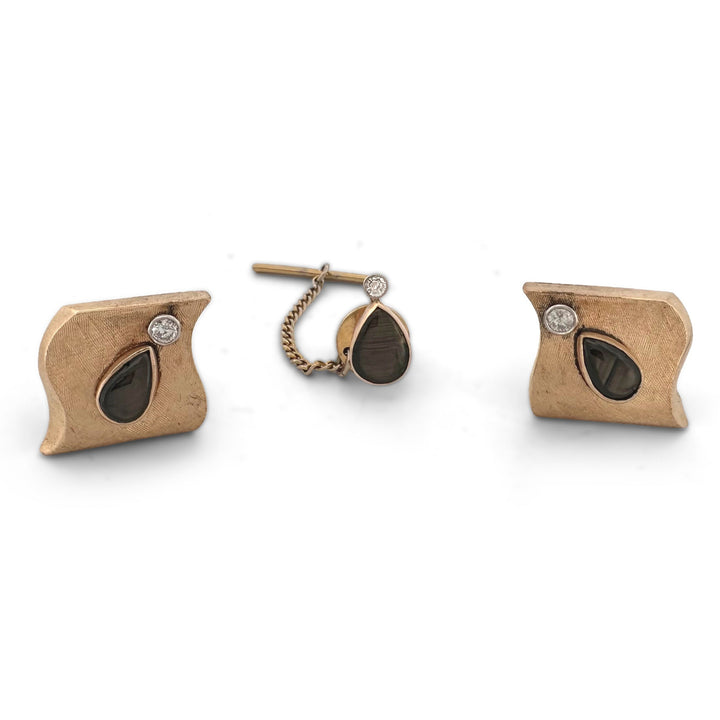 Vintage Black Star Sapphire and Diamond Cufflinks in 14k Yellow Gold with Tie tac, sold separately.
