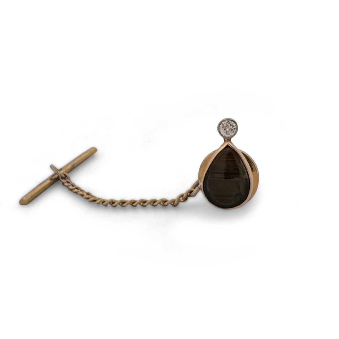 Vintage Black Star Sapphire and Diamond Tie Tack 14k Yellow Gold