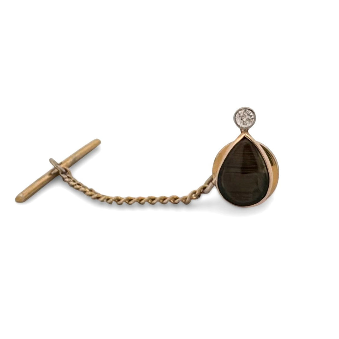 Vintage Black Star Sapphire and Diamond Tie Tack 14k Yellow Gold