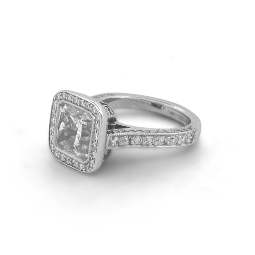 EGL Graded 3.89ctw Princess & Round Brilliant Natural Diamond Halo Engagement Ring in 14k White Gold