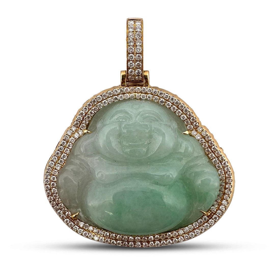 Carved Jadeite Buddha & 0.97ctw Round Brilliant Cut Natural Diamond Pendant in 18k Yellow Gold