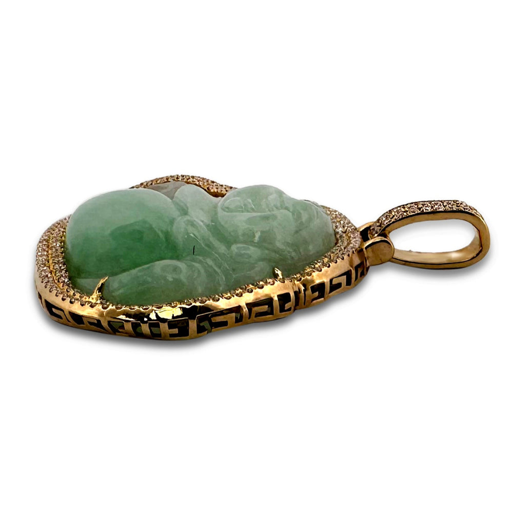 Carved Jadeite Buddha & 0.97ctw Round Brilliant Cut Natural Diamond Pendant in 18k Yellow Gold