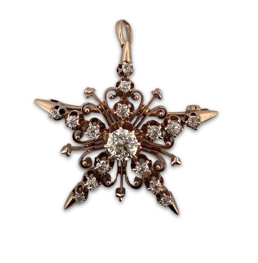 Victorian 0.80ctw Old European & Old Mine Cut Diamond Star Pin/Pendant in 14k Rose Gold