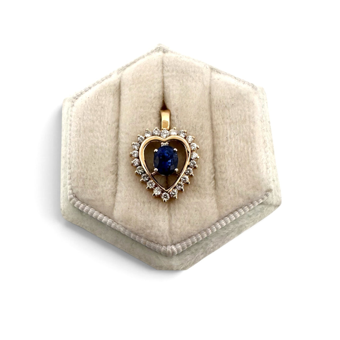 Oval Sapphire And Natural Round Brilliant Diamond Heart Pendant Necklace in 14k Yellow Gold