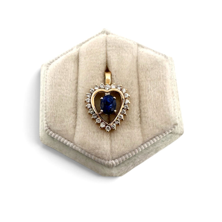 Oval Sapphire And Natural Round Brilliant Diamond Heart Pendant Necklace in 14k Yellow Gold