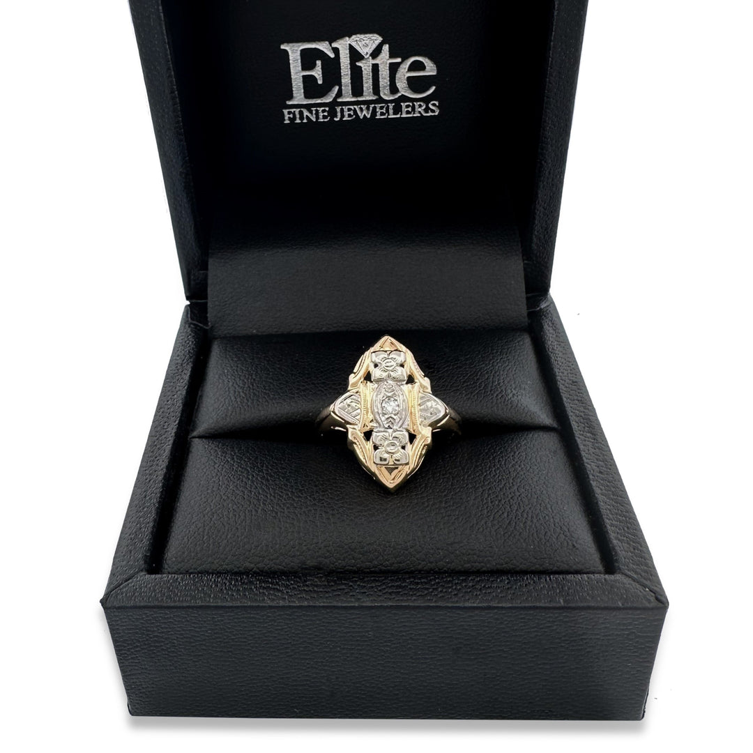 Art Deco 0.03ct Single Cut Natural Diamond Shield Ring in 14k Two-Tone Gold