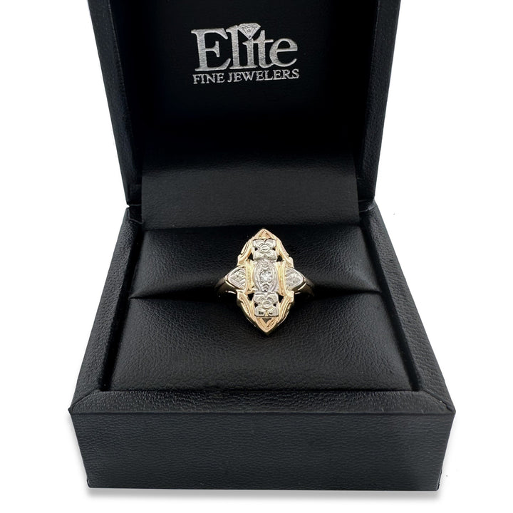 Art Deco 0.03ct Single Cut Natural Diamond Shield Ring in 14k Two-Tone Gold