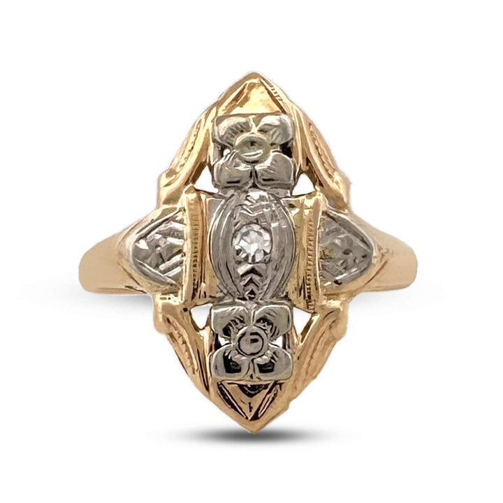 Art Deco 0.03ct Single Cut Natural Diamond Shield Ring in 14k Two-Tone Gold