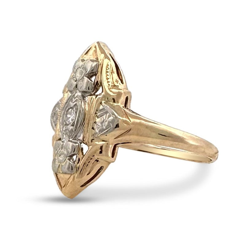 Art Deco 0.03ct Single Cut Natural Diamond Shield Ring in 14k Two-Tone Gold