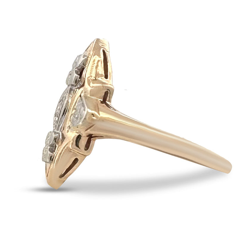 Art Deco 0.03ct Single Cut Natural Diamond Shield Ring in 14k Two-Tone Gold