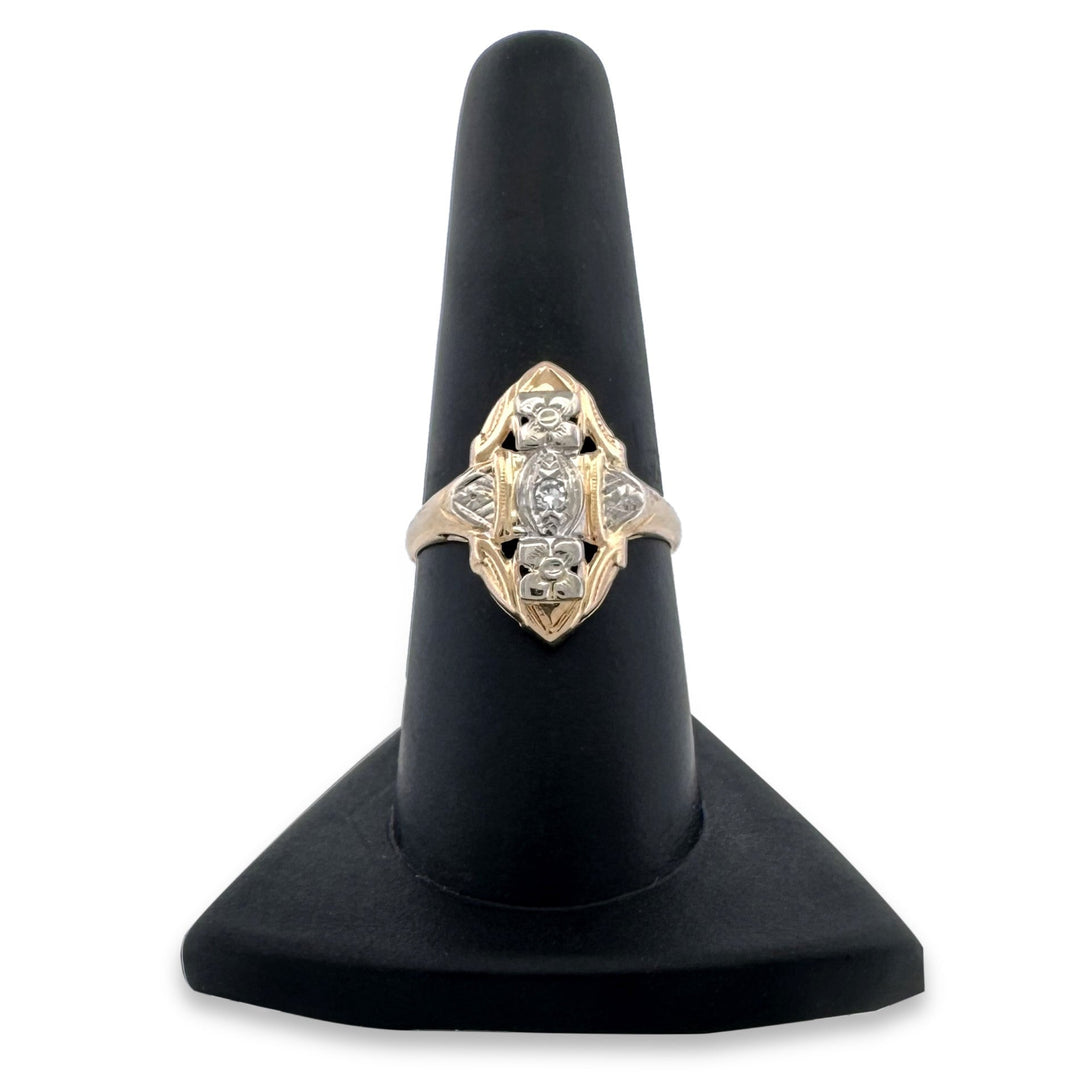 Art Deco 0.03ct Single Cut Natural Diamond Shield Ring in 14k Two-Tone Gold